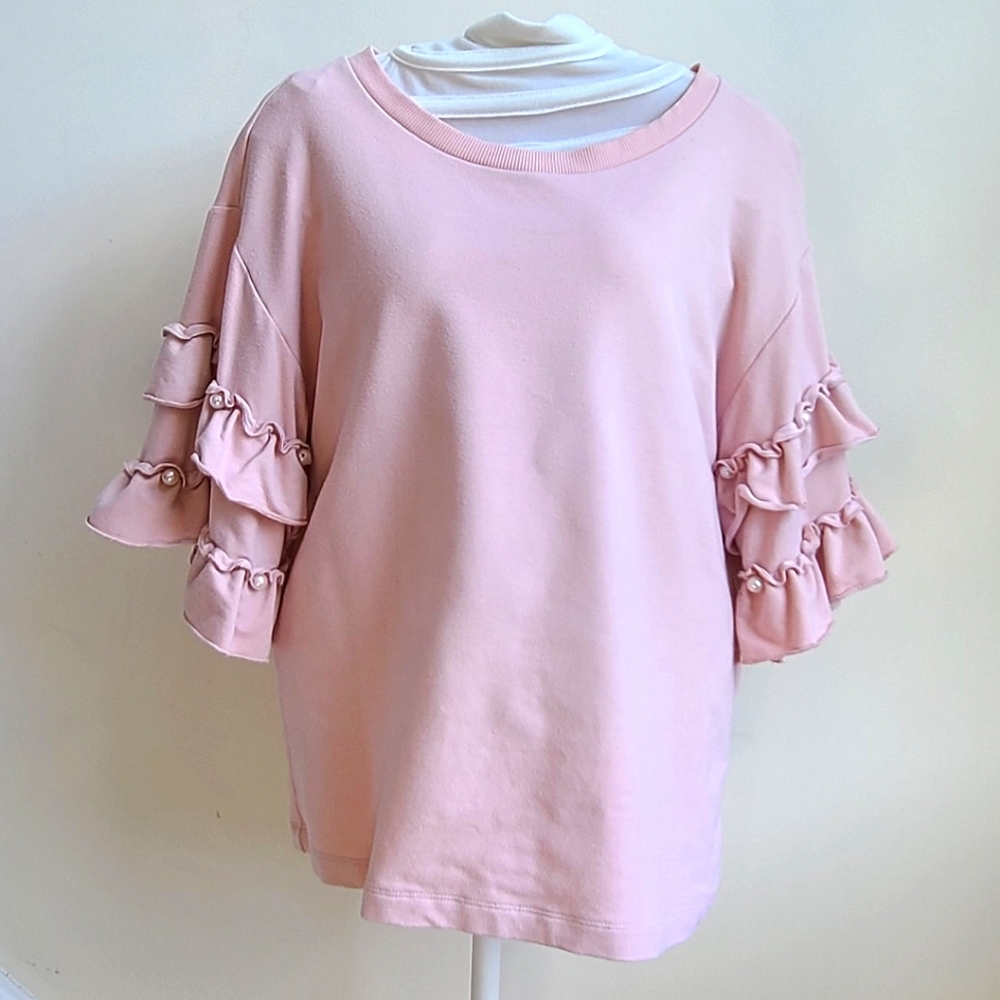 Blush Top w/Pearls Ruffle Sleeves